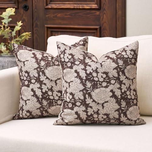 DOMVITUS Floral Pillow Covers 18x18 Set of 2 Vintage Block Print Pillow Covers Neutral Decorative Farmhouse Throw Pillow Covers for Bed Couch Living Room Dark Brown - Image 1