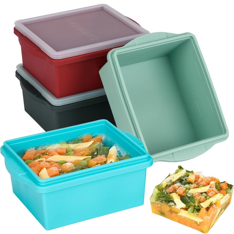 Xomoo 2 Cup Silicone Freezer Trays with Lids, Silicone Soup Freezer Molds - Leakproof, BPA-Free, Stackable, Microwave & Dishwasher Safe, Perfect for Soups, Sauces, Meal Prep, and Baked Goods - 4 Pack - Image 1