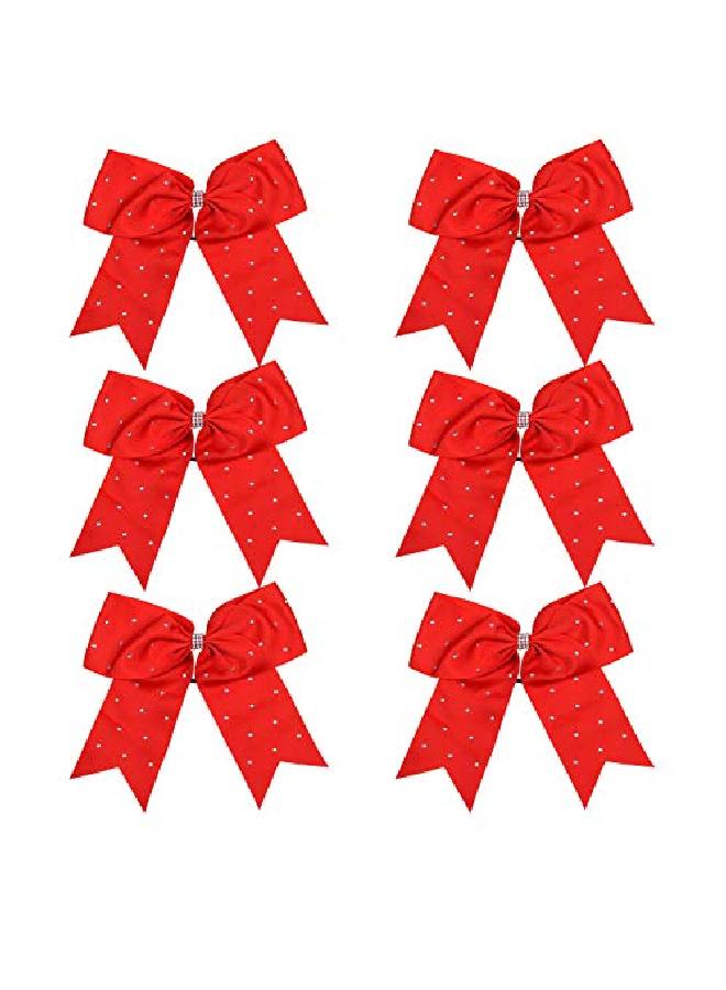 ICObuty 8 Inch Jumbo Cheerleader Bows With Bling Fling Rhinestones Ponytail Holder Cheerleading Bows Hair Tie 6 Pcs College (Red) - Image 1
