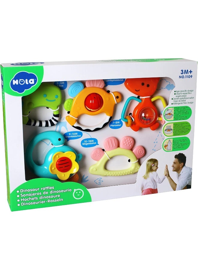 HOLA 5-Stages Dinosaur Rattles Teether 5Pc Gift Set, Teething Relief, Fine Motor Skills, Bright Colors, Sensory Toys, Baby Toys, Baby Teether, Baby Rattle, Animal Rattle, Age-Specific Rattles From 3M+ - Image 2