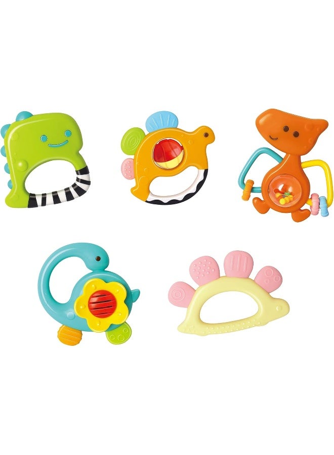HOLA 5-Stages Dinosaur Rattles Teether 5Pc Gift Set, Teething Relief, Fine Motor Skills, Bright Colors, Sensory Toys, Baby Toys, Baby Teether, Baby Rattle, Animal Rattle, Age-Specific Rattles From 3M+ - Image 1