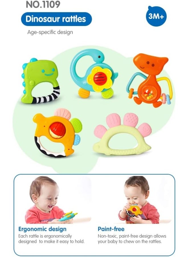 HOLA 5-Stages Dinosaur Rattles Teether 5Pc Gift Set, Teething Relief, Fine Motor Skills, Bright Colors, Sensory Toys, Baby Toys, Baby Teether, Baby Rattle, Animal Rattle, Age-Specific Rattles From 3M+ - Image 3