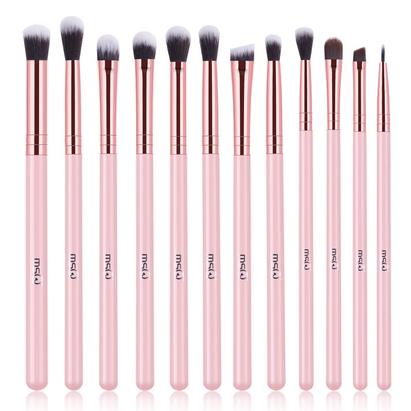 MSQ Eye Makeup Brushes Set with Soft Synthetic Hairs & Real Wood Handle for Eyeshadow, Eyebrow, Eyeliner, Blending (Pink), 12pcs - Image 1