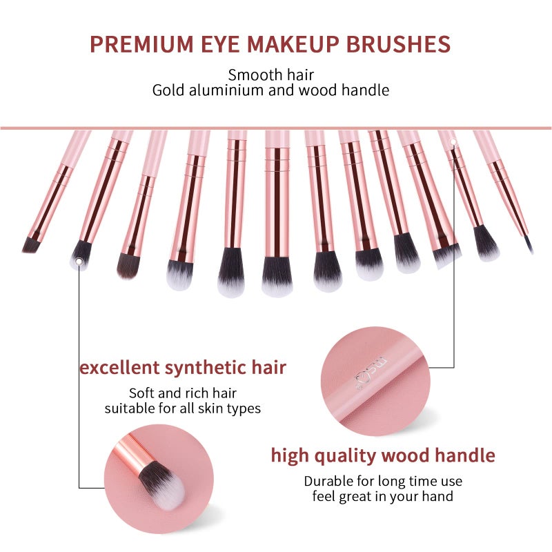 MSQ Eye Makeup Brushes Set with Soft Synthetic Hairs & Real Wood Handle for Eyeshadow, Eyebrow, Eyeliner, Blending (Pink), 12pcs - Image 3