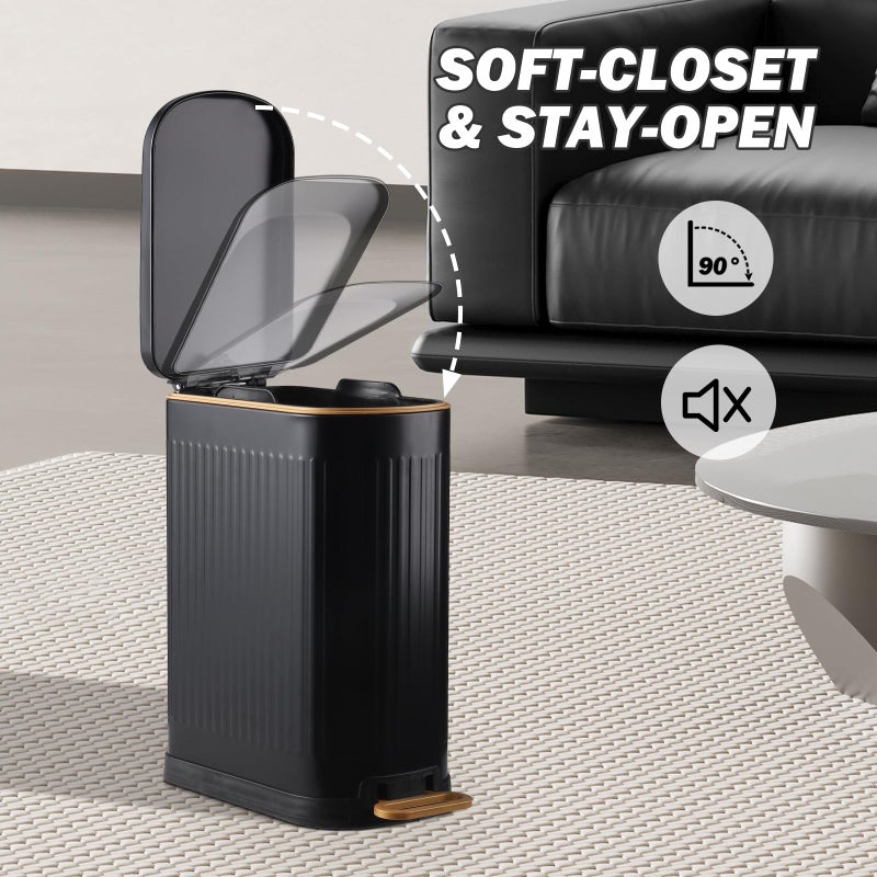 SYNCVIBE Slim Bathroom Trash Can with Lid Stainless Steel Garbage Can Soft Close Step Trash Bin with Removable Inner Bucket for Bedroom, Office, Kitchen (Matt Black, 3.5 Gallons) - Image 5