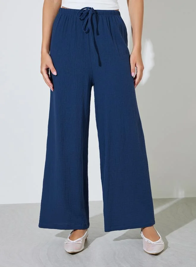 ستايلي Navy Blue Cotton Wide Leg Pants with Drawcord