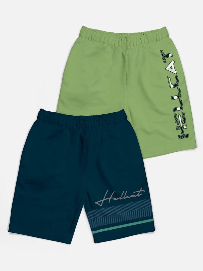HELLCAT Pack of 2 Trendy Typographic Printed Mid Rise Shorts for Boys - Petrol Blue/Jade Green / 5-6 Years - Image 2