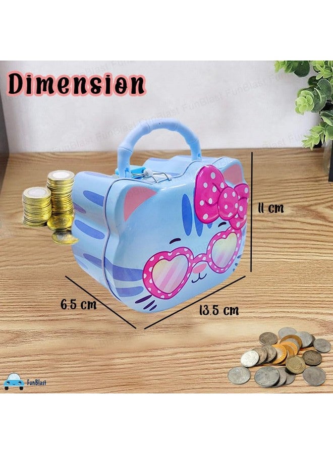 FunBlast Coin Box for Girls - Cute Cat Design Piggy Bank with Lock & Key, Money Saving Metal Coin Bank, Gullak for Kids, Girls, Kids, Birthday Return Gifts for Kids (Blue) - Image 2