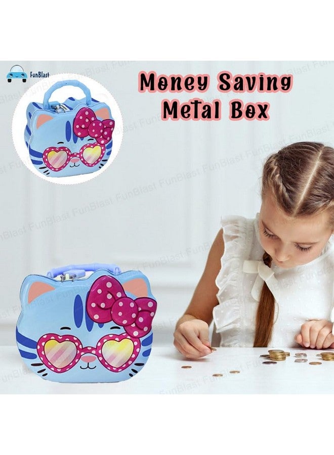 FunBlast Coin Box for Girls - Cute Cat Design Piggy Bank with Lock & Key, Money Saving Metal Coin Bank, Gullak for Kids, Girls, Kids, Birthday Return Gifts for Kids (Blue) - Image 3