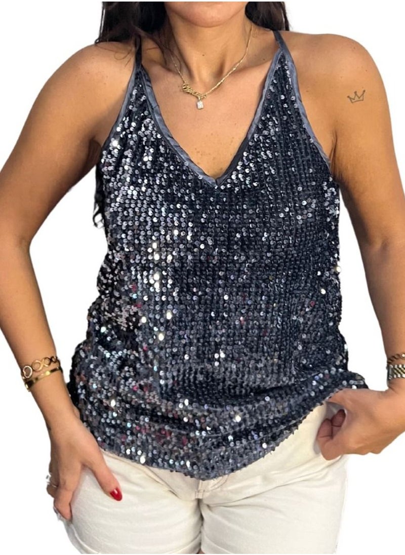 VENTIUP - Sequin Blouse Dark Blue - Image 1