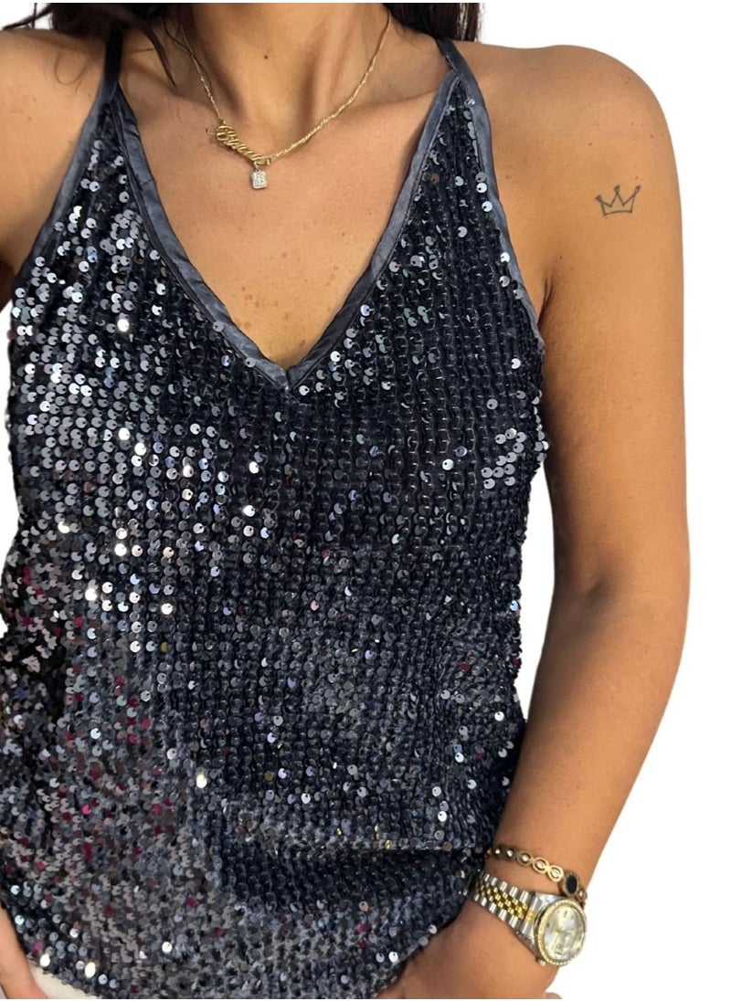 VENTIUP - Sequin Blouse Dark Blue - Image 1