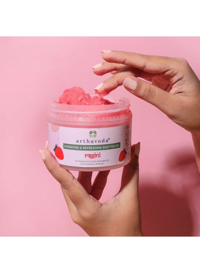 Arthaveda Hydrating Body Polish (Ragini) with 1% Hyaluronic Acid, Sea Salt, Avocado Oil & Strawberry Extract is your go-to for Tan Removal & Skin Refreshment with Deep Hydration I 200 g - Image 3