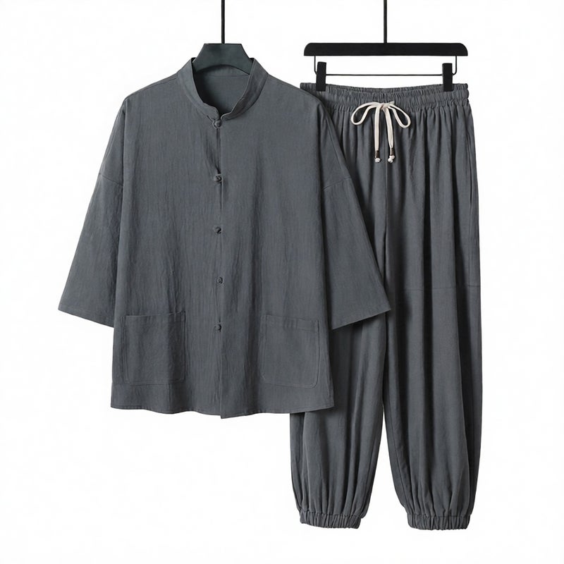 Linen Casual Pants for Men Loose Fit Harem Pants Chinese Style Cotton Linen Seven-Ninth Length Pants Two-Piece Set