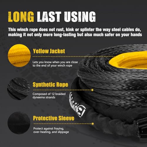 BUNKER INDUST Synthetic Winch Rope 3/8" x 85', 25000 Ibs Winch Cable Replacement with Protective Sleeve for Recovery Off Road ATV UTV SUV Truck,1 Pcs Black Winch Line - Image 2