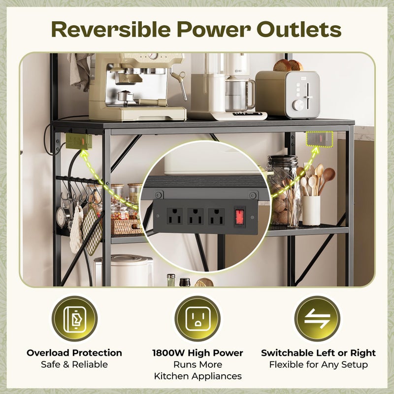 Huuger 4-Tier Bakers Rack with Reversible Power Outlet, 31.5 Inch Microwave Stand, Kitchen Coffee Bar, with Top Shelf, 6 S Hooks, Black - Image 3