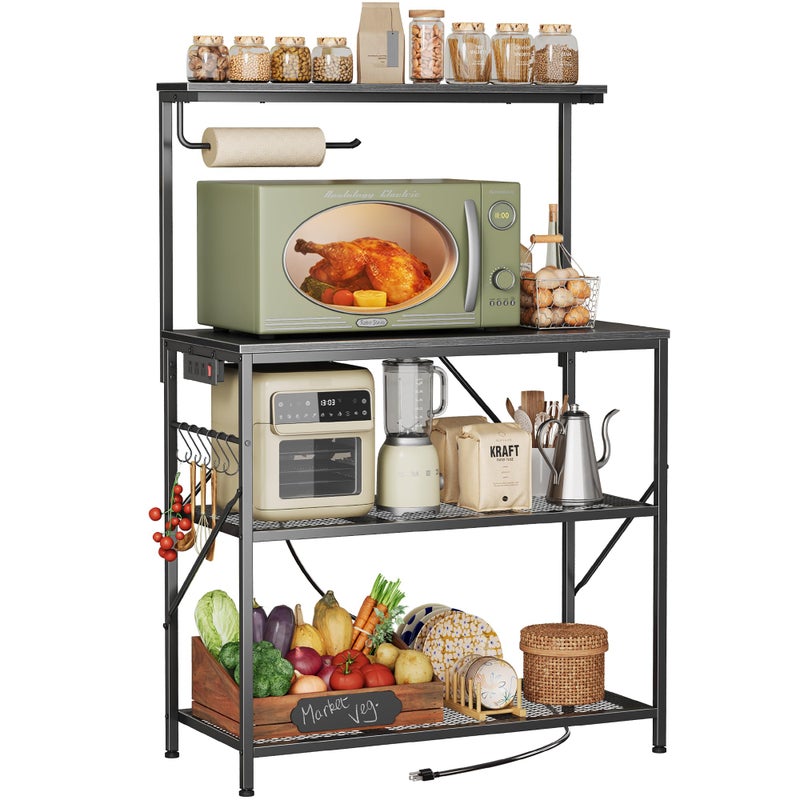 Huuger 4-Tier Bakers Rack with Reversible Power Outlet, 31.5 Inch Microwave Stand, Kitchen Coffee Bar, with Top Shelf, 6 S Hooks, Black - Image 1