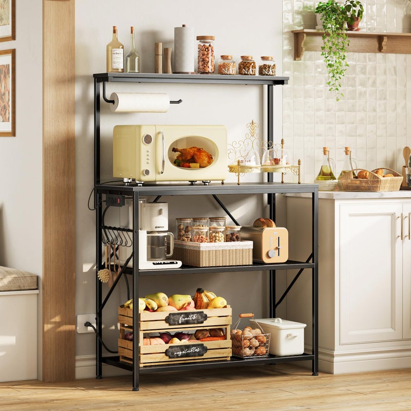 Huuger 4-Tier Bakers Rack with Reversible Power Outlet, 31.5 Inch Microwave Stand, Kitchen Coffee Bar, with Top Shelf, 6 S Hooks, Black - Image 2