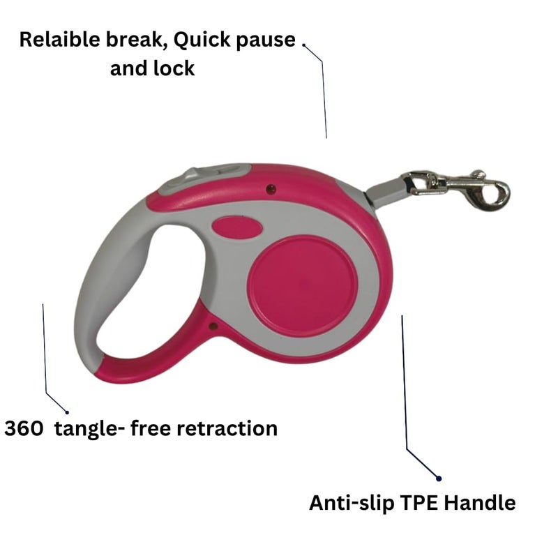 Healing Leaf Hug&Wag's Retractable Dog Leash | Heavy Duty Leash for Pets with 360° Tangle Free Design| Strong Nylon Tape, Anti-Slip Handle,One-Click Brake Pause |Small&Medium (5m Blue) 16.5ft (Pink Colour) - Image 5