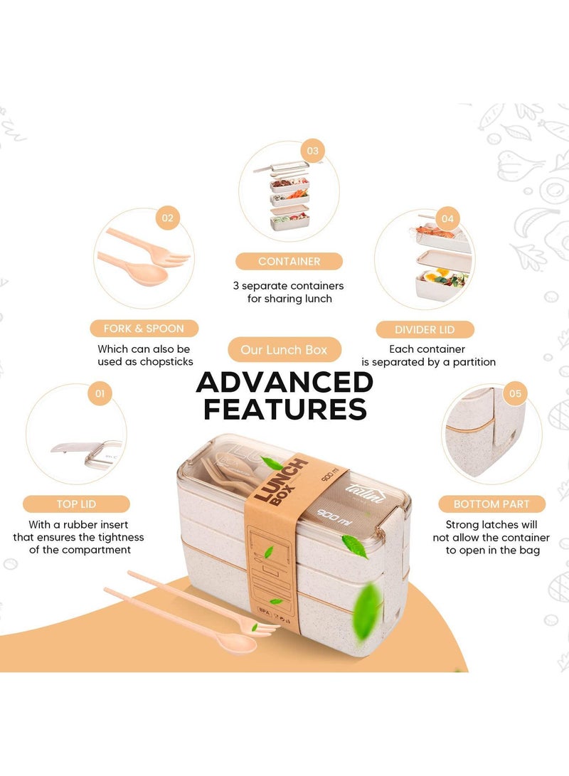 Sweet seven Bento Lunch Box for Kids - Leakproof Bento Box for Adults, 3-In-1 Meal Prep Container, Dishwasher Safe Asian Food Prep Container with   - Japanese Style, Beige Color - Image 3