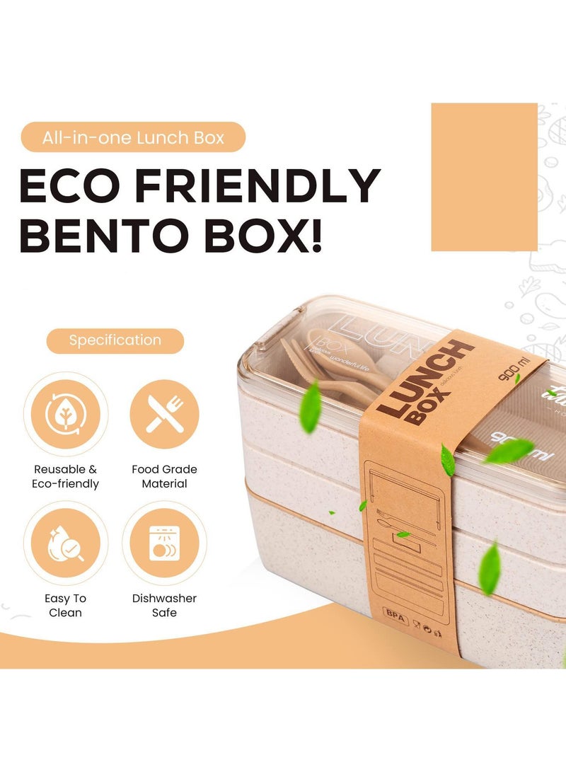 Sweet seven Bento Lunch Box for Kids - Leakproof Bento Box for Adults, 3-In-1 Meal Prep Container, Dishwasher Safe Asian Food Prep Container with   - Japanese Style, Beige Color - Image 2