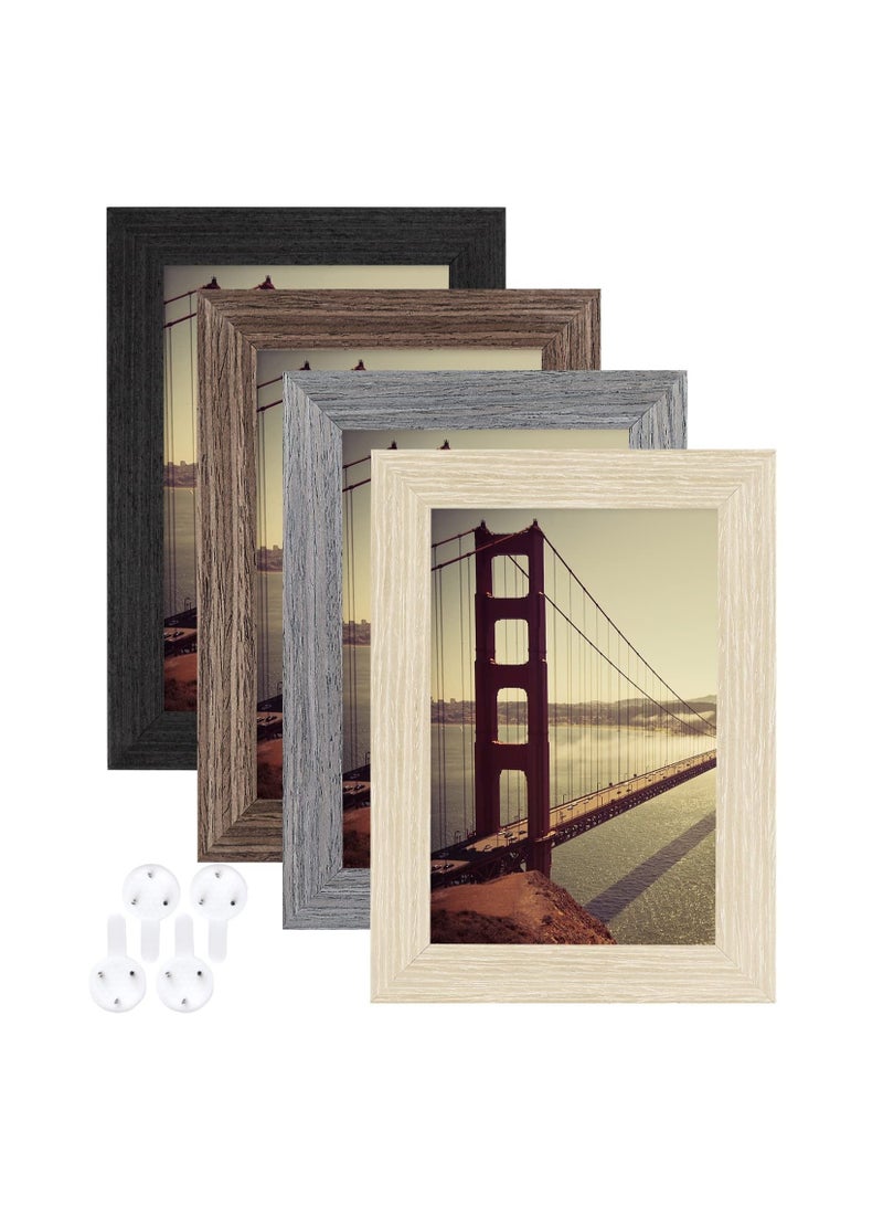 Picture Frame, KASTWAVE 4x6 Tempered Glass and Composite Wood for 3.5x5 photo with Mat or 4x6 photo Without Mat, Wall & Table Mounting for Rustic Home Decor, Black, Oak, Brown, Grey (set of 4)