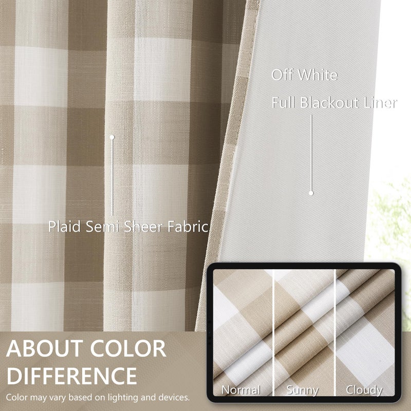 Amzdecor Buffalo Check Plaid Full Blackout Window Curtains 84 Inches Long for Bedroom Noise Reducing Total Room Darkening Grommet Drapes,Vintage Farmhouse Window Treatment,2 Panels,52"x84",Beige/White - Image 4