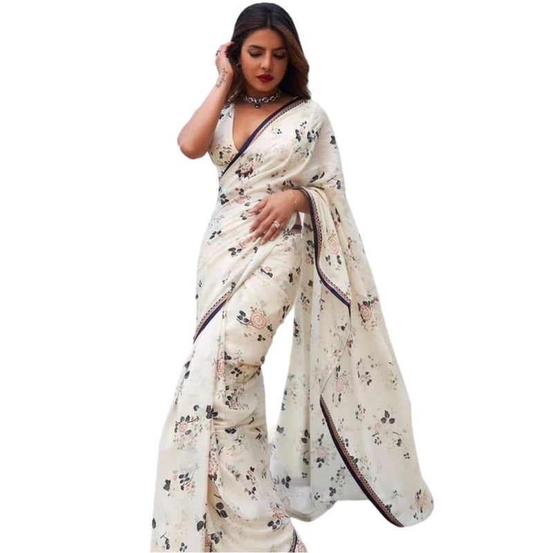 BE4MECOM Alia bhatt Saree Rocky aur rani movie saree celebraty inspired manish malhotra partywear Georgette Printed saree White 3