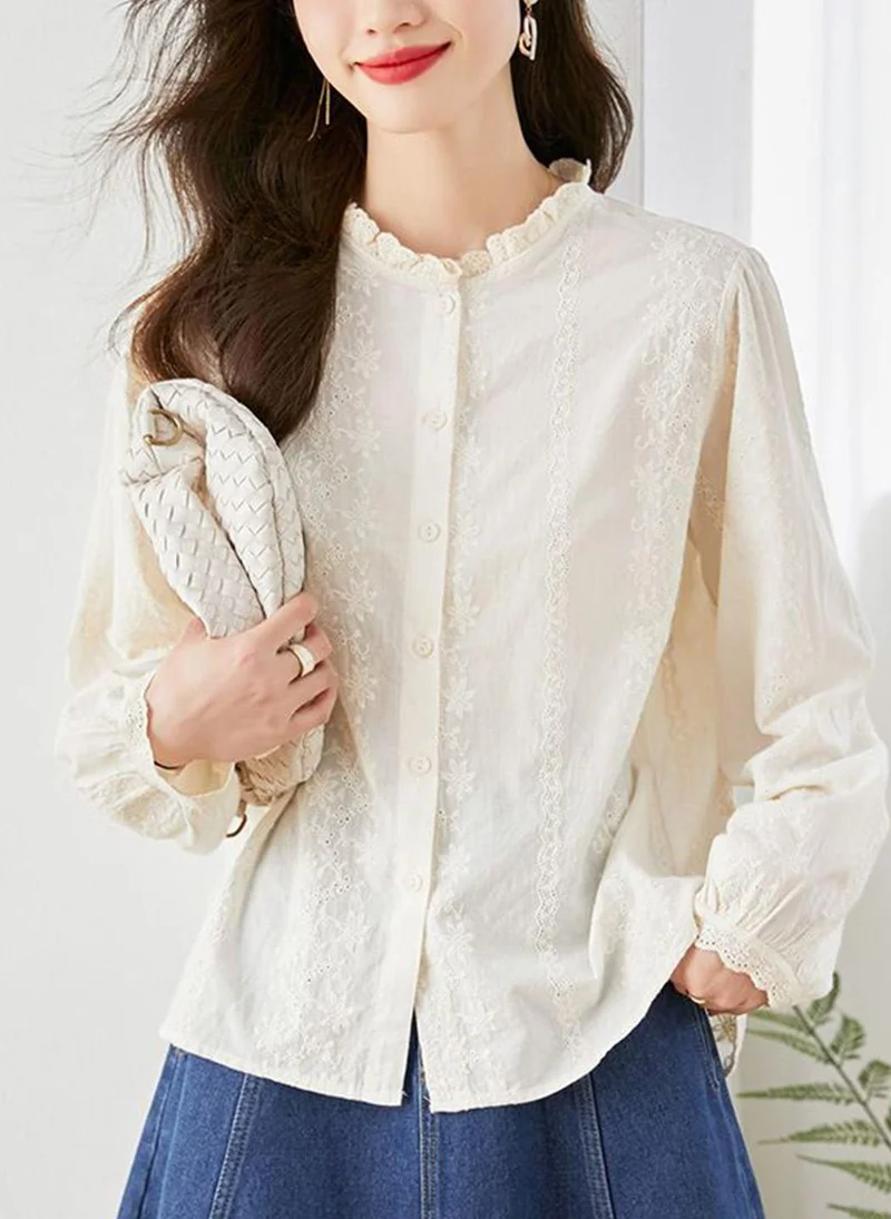 يونيكي Off White Mandarin Collar Long Sleeves Solid Top
