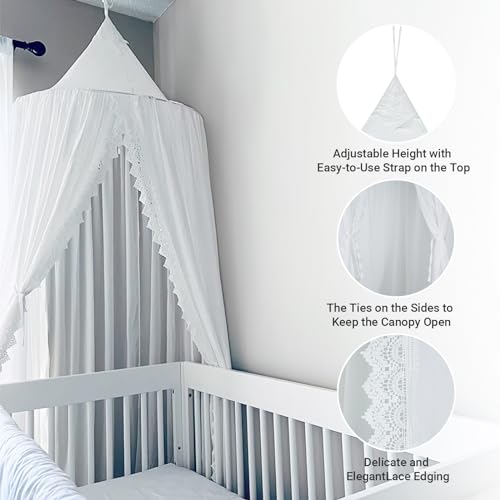 OldPAPA Kids Bed Canopy with Pom Pom Hanging Mosquito Net for Baby Crib Nook Castle Game Tent Nursery Play Room Decor，White - Image 4