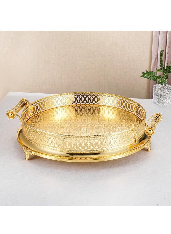 تراست صينية تقديم دائرية مزخرفة من الستانلس ستيل المقاوم للصدأ بمقابض وأرجل، ذهبي، 50 سم - Image 2