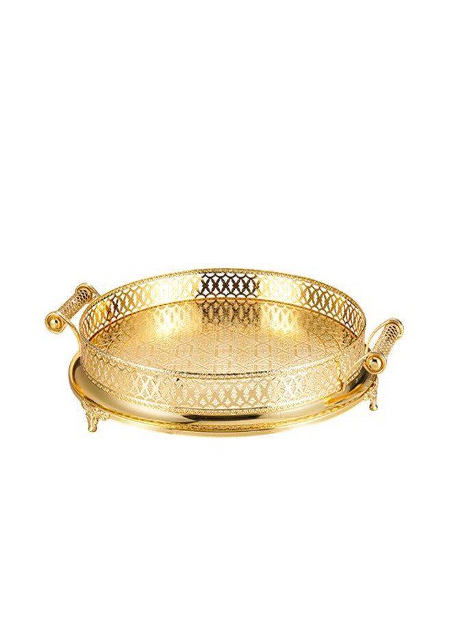 تراست صينية تقديم دائرية مزخرفة من الستانلس ستيل المقاوم للصدأ بمقابض وأرجل، ذهبي، 50 سم - Image 3