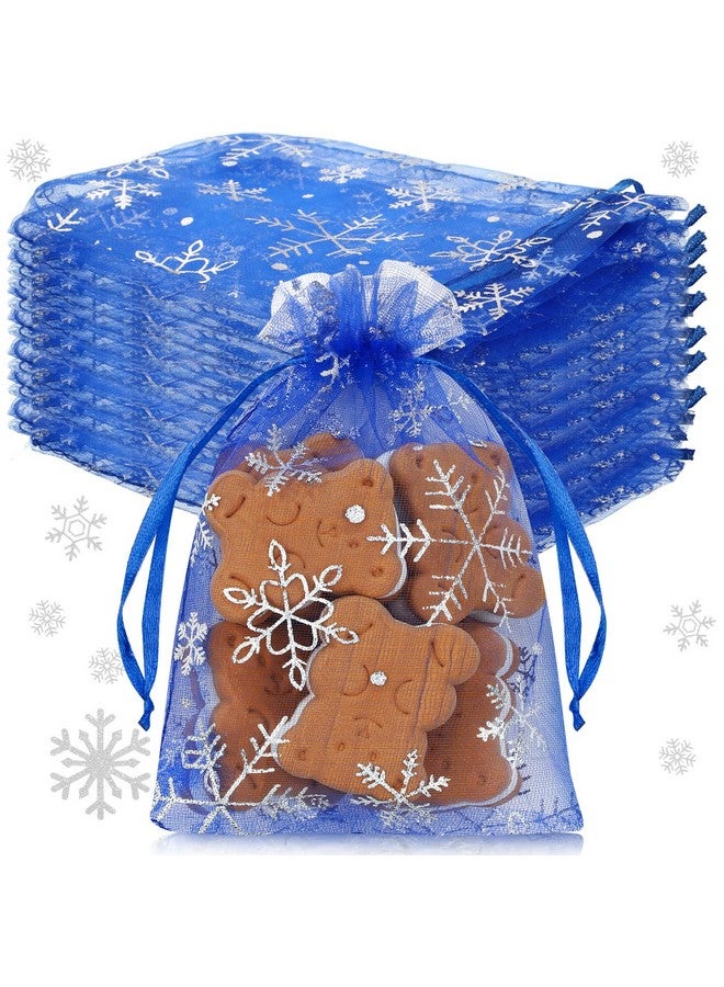 Roowest 100 Pcs Christmas Snowflake Organza Gift Bags 4 x 6 Inch Small Mesh Jewelry Pouches Mini Drawstring Candy Bags Goody Bag Organza Favor Bags for Christmas, Winter Party, Jewelry, Festival (Dark Blue) - Image 1