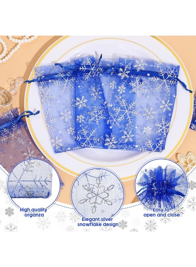 Roowest 100 Pcs Christmas Snowflake Organza Gift Bags 4 x 6 Inch Small Mesh Jewelry Pouches Mini Drawstring Candy Bags Goody Bag Organza Favor Bags for Christmas, Winter Party, Jewelry, Festival (Dark Blue) - Image 3