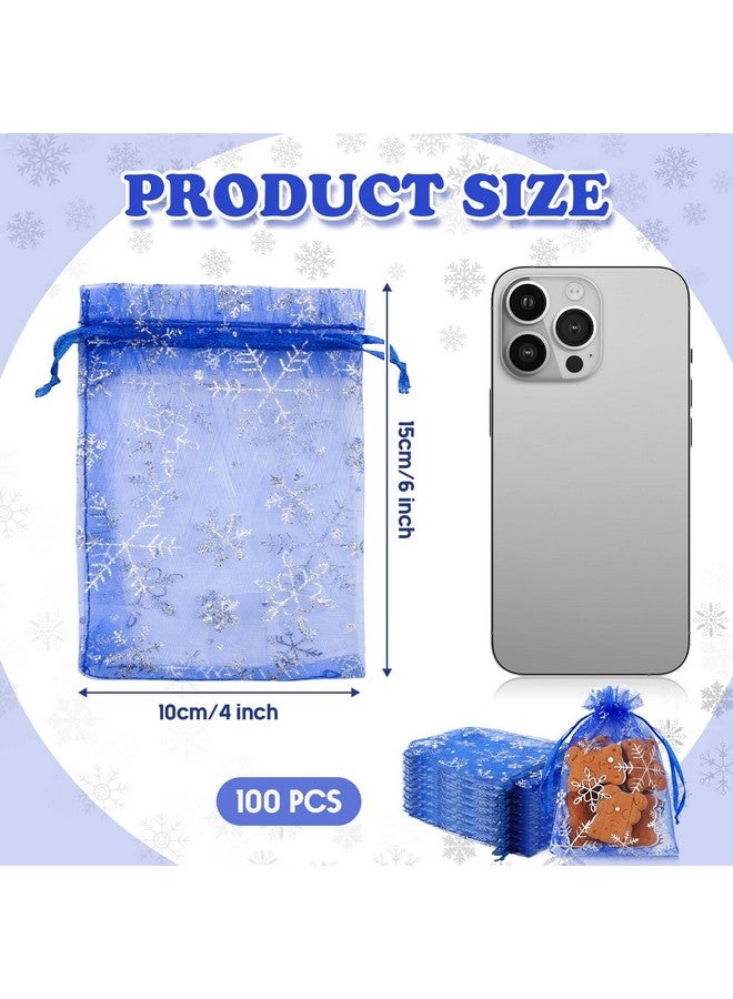 Roowest 100 Pcs Christmas Snowflake Organza Gift Bags 4 x 6 Inch Small Mesh Jewelry Pouches Mini Drawstring Candy Bags Goody Bag Organza Favor Bags for Christmas, Winter Party, Jewelry, Festival (Dark Blue) - Image 2