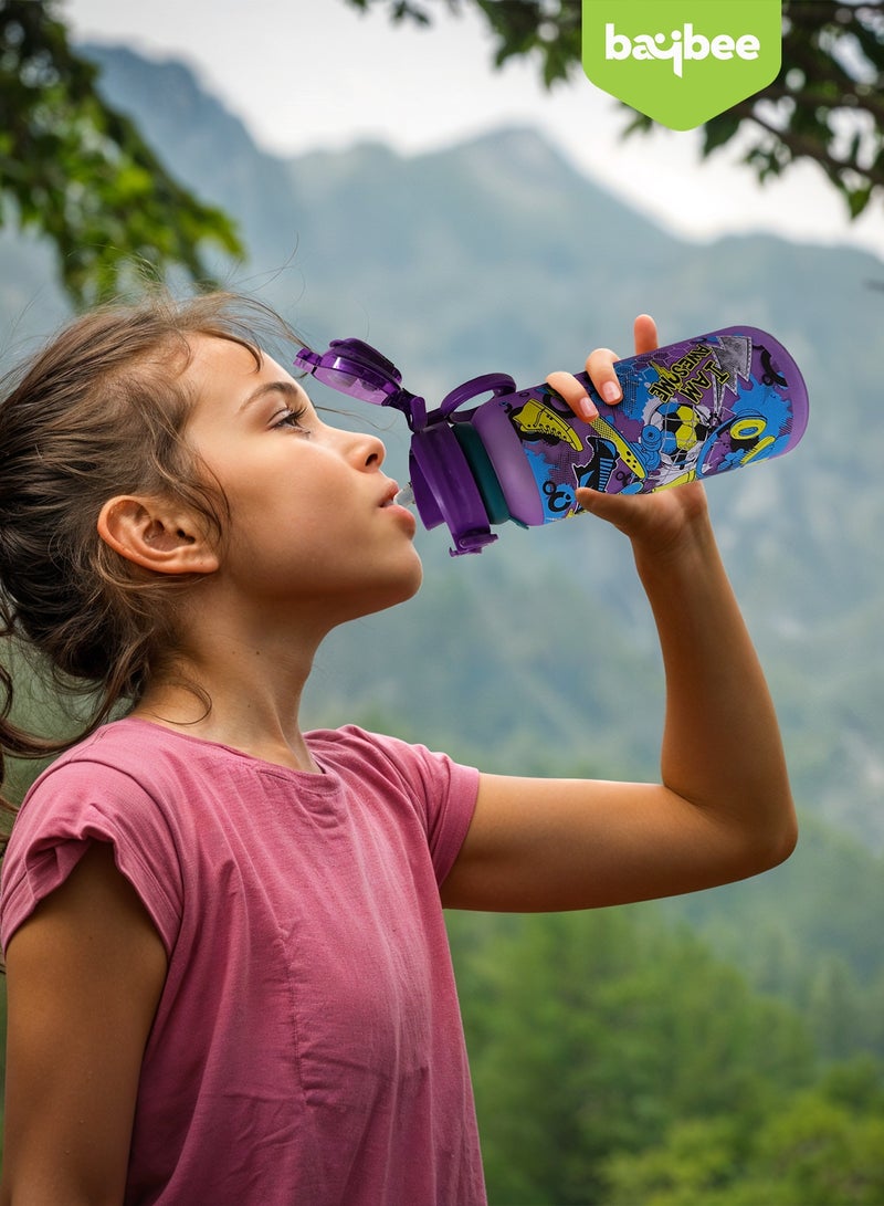 بيبي زجاجة مياه للأطفال سعة ٩٠٠ مل مع غطاء علوي قابل للطي، تصميم مبتكر وحبل حمل | حافظ على رطوبة جسمك مع زجاجة مياه مدرسية | زجاجة مياه للأطفال للأولاد والبنات، لون بنفسجي - Image 3