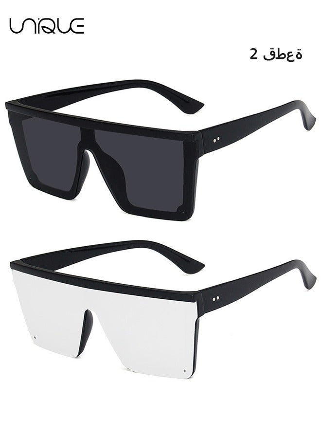 Unique 2Pcs Sun Glasses, Square Oversized Sunglasses for Women Men,UV Protection Anti Eyestrain Big Flat Top Fashion Shield Rimless Shades, for Driving Traveling, All-match Sunglasses(Black + White)  - Image 1