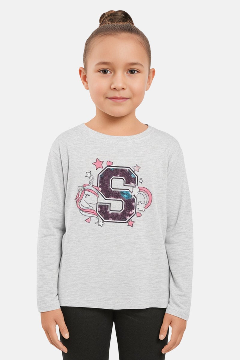 Sinsay Kids Girl Unicorn Embellished Long Sleeve Top, Light Grey - Image 1