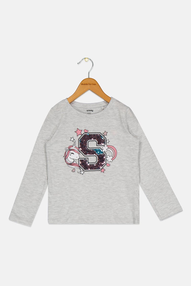 Sinsay Kids Girl Unicorn Embellished Long Sleeve Top, Light Grey - Image 2