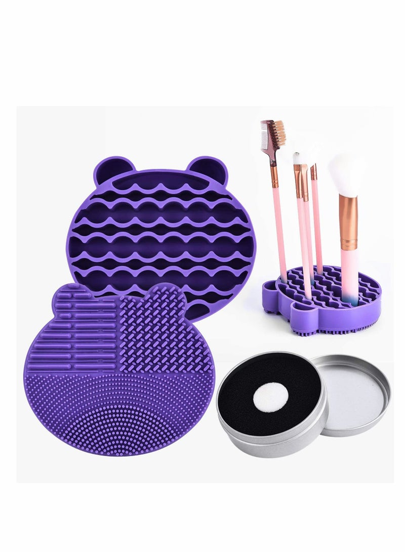 Generic Silicon Makeup Brush Cleaning Mat with Holder for Storage&Air Dry Brushes Bear Shaped Cosmetic Brush Cleaner Pad+Makeup Brush Dry Cleaned Quick Color Removal Sponge Scrubber Tool(Purple)  - Image 1