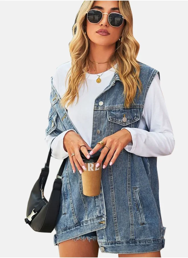 يونيكي Blue Collared Sleeveless Denim Jacket