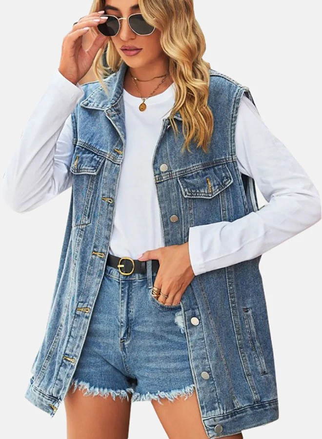 YUNIQEE Blue Collared Sleeveless Denim Jacket