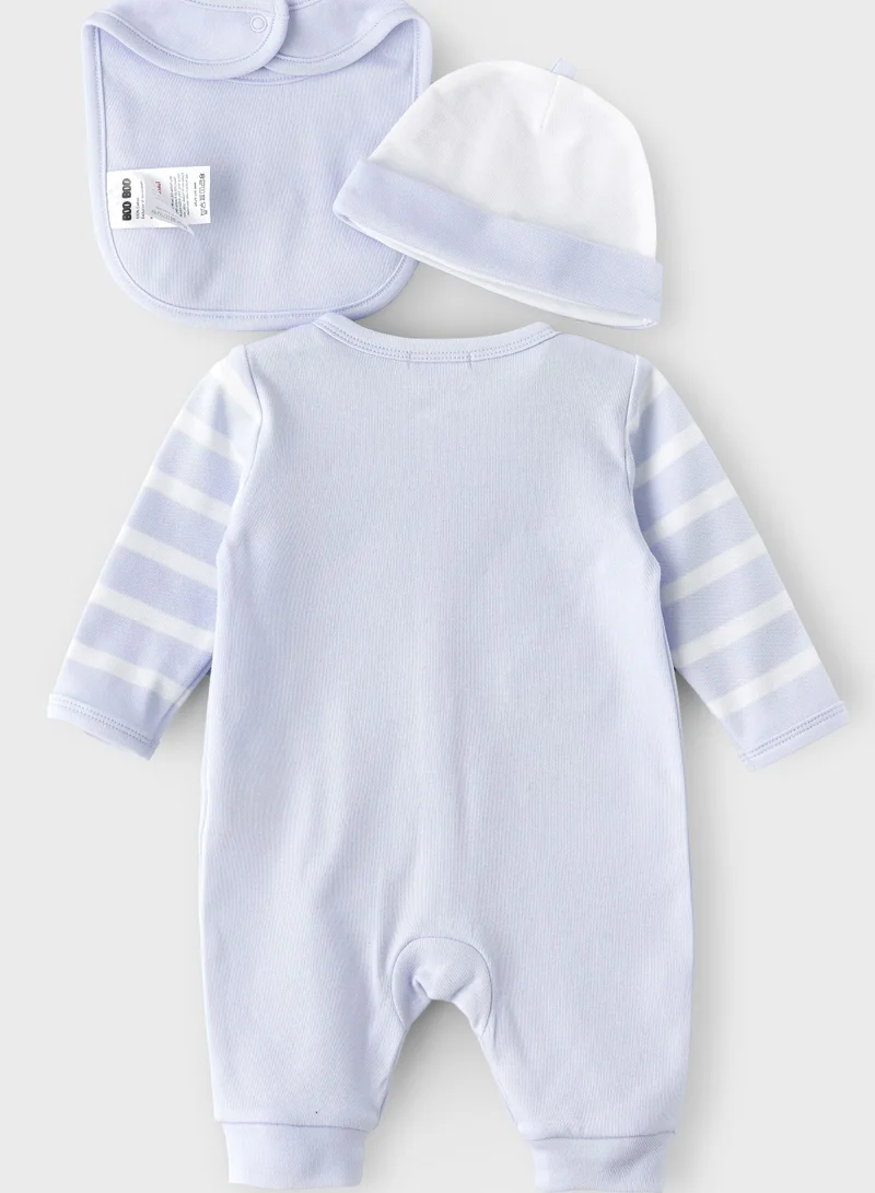 Boo Boo BooBoo Kids   3 Pcs Set - Sleepsuit O/F, Cap & Bib     100% Cotton