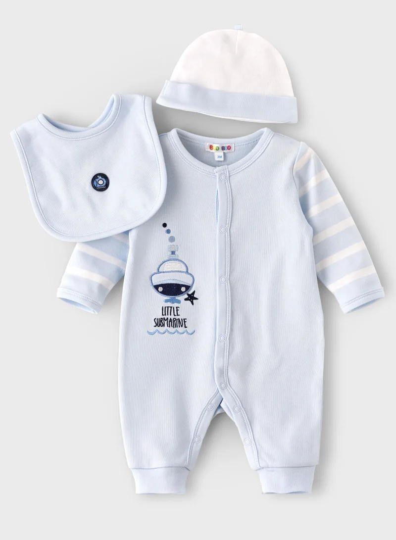 Boo Boo BooBoo Kids   3 Pcs Set - Sleepsuit O/F, Cap & Bib     100% Cotton