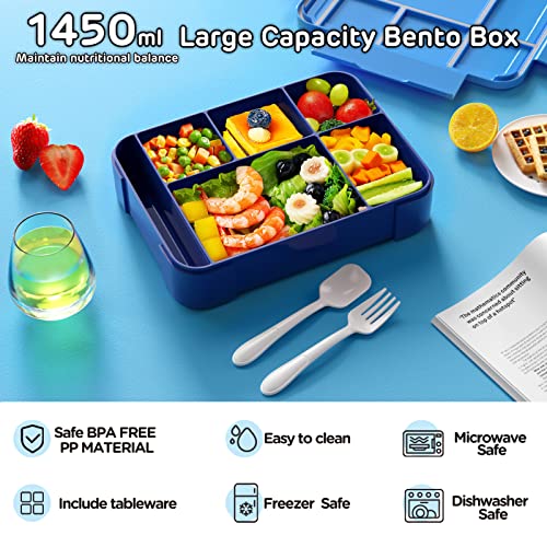 Jelife Bento Lunch Box for Kids - 1450ml Leakproof Kids Bento Box 6 Compartments Toddler Lunch boxes with Silverware for Back to School, Reusable LunchBox Snack Container for Daycare - Image 2