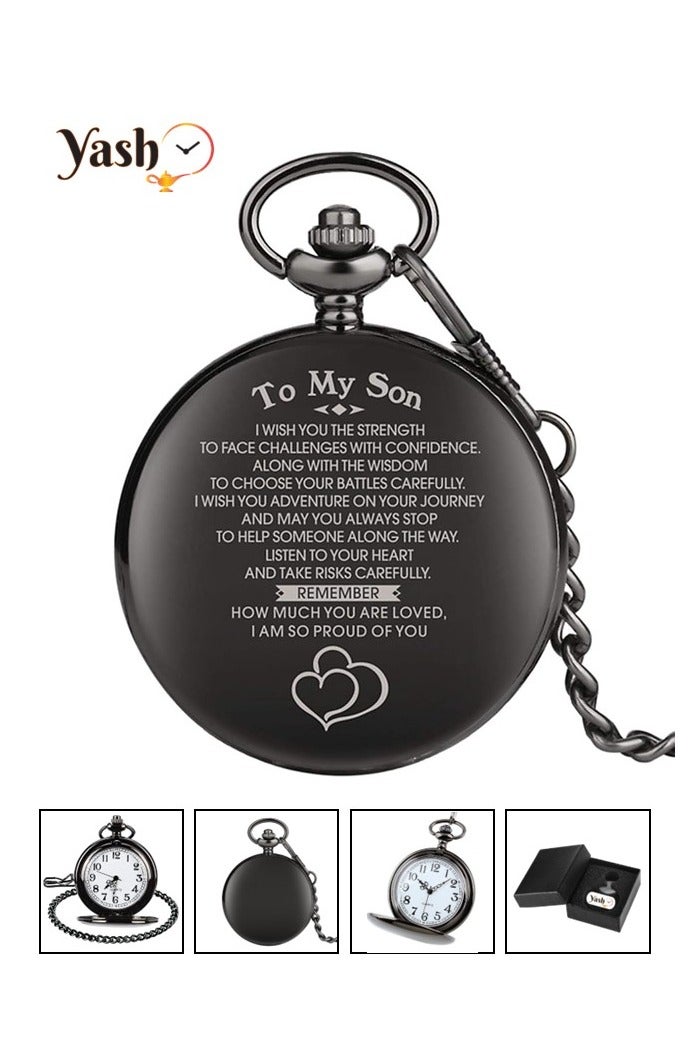 ياش ساعة جيب ياش فينتاج من سون كوارتز سوداء اللون مع سلسلة وتغليف كلاسيكي - هدية مثالية - Image 1