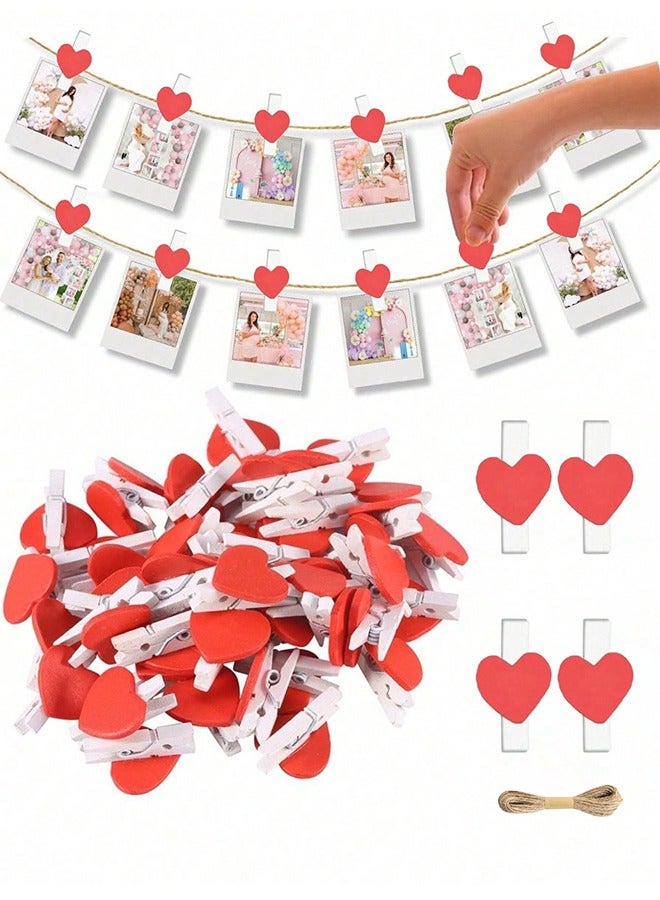 Generic 25-Piece Red Heart Shape Wooden Photo Clips,Mini Clothes Pins for Photo,with 5M Twine String for Hanging Pictures  - Image 1