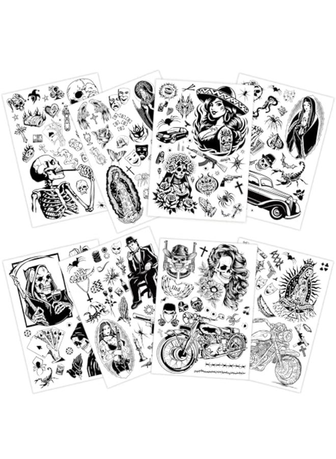 CartaChic Cholo Tattoos Temporary for Adults 8 Sheets Large Fake Tattoos Day of the Dead Chicana Guadalupe Gangster Prisoner Mexico Chicano Party Decorations Halloween Cholo Clothes 180 Styles - Image 1