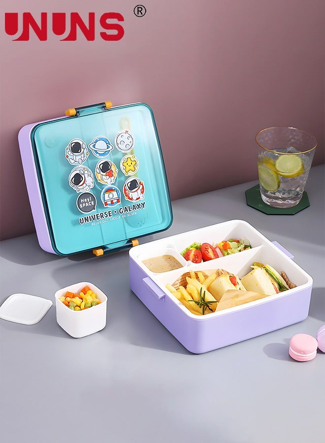 UNUNS صندوق غداء بينتو للأطفال، صندوق غداء مكون من 3 أقسام مع ملعقة وصندوق غمس، خالٍ من مادة BPA، صندوق غداء للأطفال للمدرسة بنمط رائد الفضاء، 1300 مل - Image 1