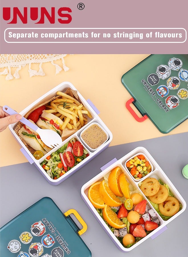 UNUNS صندوق غداء بينتو للأطفال، صندوق غداء مكون من 3 أقسام مع ملعقة وصندوق غمس، خالٍ من مادة BPA، صندوق غداء للأطفال للمدرسة بنمط رائد الفضاء، 1300 مل - Image 2