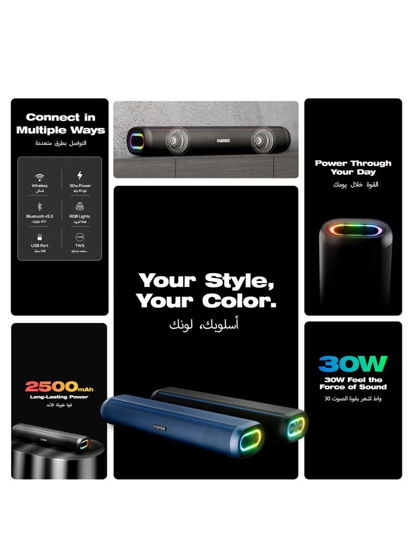 فاستر نكسون Z30 مكبر صوت بلوتوث محمول بقدرة 30 واط – مكبر صوت لاسلكي لأجهزة الكمبيوتر، اللابتوب، التلفاز، الهواتف الذكية والأجهزة اللوحية – مسرح منزلي صغير بصوت محيطي – يدعم USB/Aux/بطاقة TF – التوصيل والتشغيل – صوت عميق وقوي وغني (باللون الأزرق) - Image 5